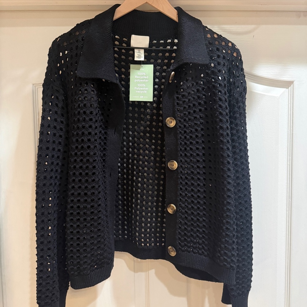 H&M Black Open-Knit Button-Up Cardigan
